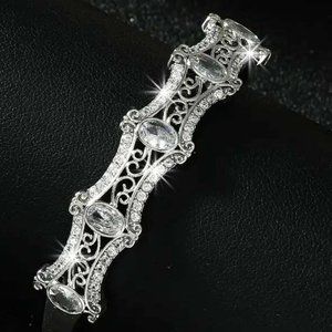 VICTORIAN FAUX PLATINUM DIAMONDS FILIGREE HINGED BANGLE BRACELET 36